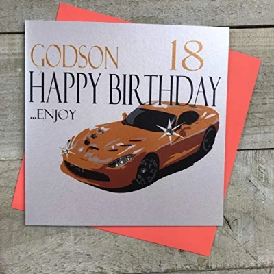 Image of white cotton cards Handmade Godson 18 Happy Birthday…Enjoy Orange Sports Car 18th Birthday Card, White, N62 GD18