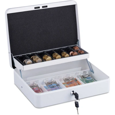 Image of Relaxdays, lockable, iron, coin counting board and 4 note compartments, H x D: 8.5 30.5 24.5 cm, cash box, white, 60% 30% plastic 10% steel, 8,5 30,5 24,5 cm