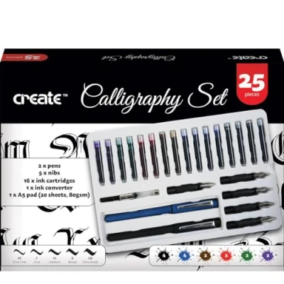 Image of Create Calligraphy Set 25 Piece Fountain Pens for Writing, Includes (2) Pens, (5) Nibs, (16) Ink Colours, (1) A5 Pad Perfect Professionals, Adults &amp; Beginners