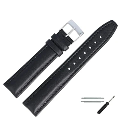 Image of 18 mm leather watch strap with stitching, for watches including spring bar and tools subtle curved replacement Marbureger straps since 1945 black / silver