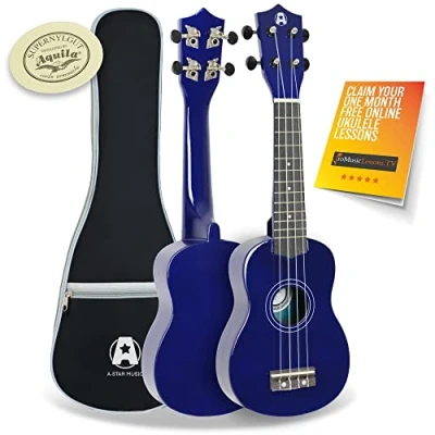Image of A Star Soprano Beginner Ukulele in Blue with Premium Aquila Strings, FREE Padded Bag, Instrument for Adults/Kids 1 Month Online Lessons