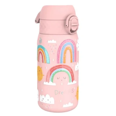 Image of Ion8 Lightweight Steel Kids Water Bottle, 400ml/13oz, Non Insulated, Leak Proof, Easy to Open, Secure Lock, Dishwasher Safe, Fits Cup Holders, Carry Handle, Metal Pink, Rainbows
