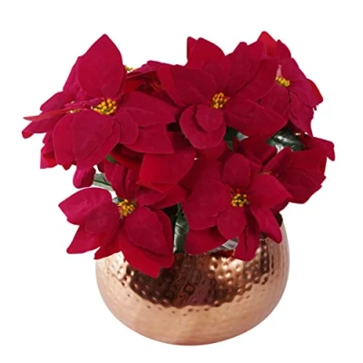 Image of Leaf Artificial Christmas Xmas Red Poinsettia 40cm Houseplant in Pot, Silk, Large Copper Curved Edge