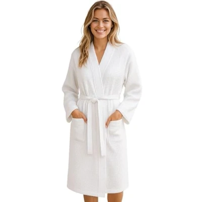 Image of Morgenstern Waffle Bathrobe Women 100% Cotton Lightweight White Size Medium