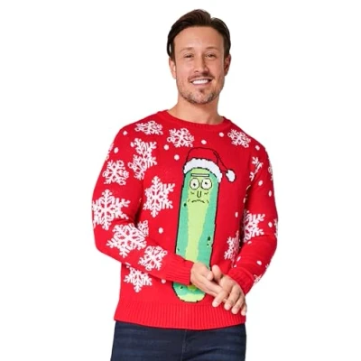 Image of Rick and Morty Mens Christmas Jumper, Warm Funny Xmas Sweater Gifts (Red, L)