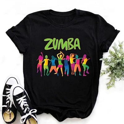 Image of kewing T Shirt for Women Zumba Printed Short Sleeves Round Neck Roll Sleeve Casual Top Classes Dance Fitness Training