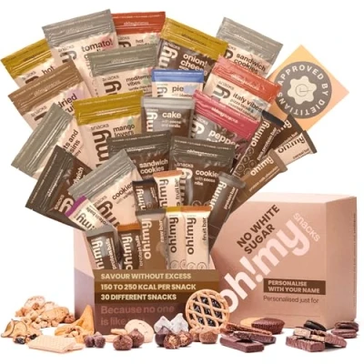 Image of Oh!mysnacks No White Sugar Box Gift Hamper of Healthy Snacks for Adults High Protein with Fiber Snack Bars Low Calorie (30 Snacks)