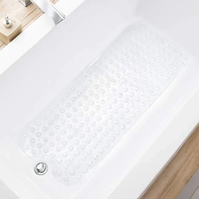 Image of TEESHLY Bathtub Mats for Shower Tub Extra Long Non Slip Bath Mat, Mat with Drain Holes and Suction Cups, Bathroom Machine Washable (Clear)