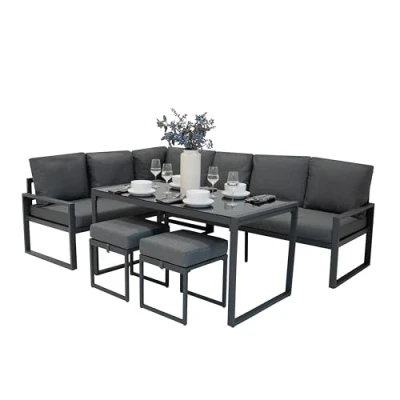 Image of Garden Aluminium Furniture Set Anthracite Grey 7 Seater Outdoor Patio Lounge Sectional Corner Sofa Glass Top Dining Table 2 Stools Thick Cushions With Washable Covers FREE Waterproof Rain Cover