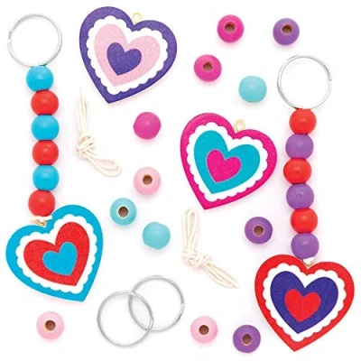 Image of Baker Ross AT358 Heart Wooden Keyring Children&#039;s Craft Pack of 4, Ideal For Kids To Build Their Own Key Chain, Bag Charm