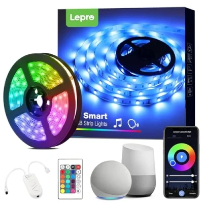 Image of Lepro Smart RGB LED Strip Light 5M, Music Sync, Works with Alexa and Google Assistant, Life App, Remote Voice Control, Colour Changing Lights for Bedroom Party Home Decor