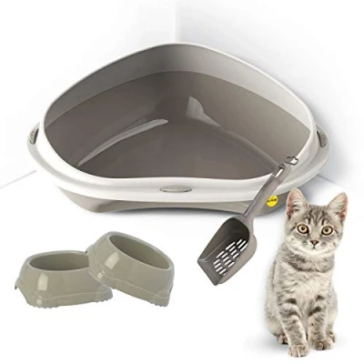 Image of Cat Centre Grey Jumbo Corner Litter Tray Bundle + 2 Smarty Bowls 0.3L Scoop Hygeine Toilet, High Rim