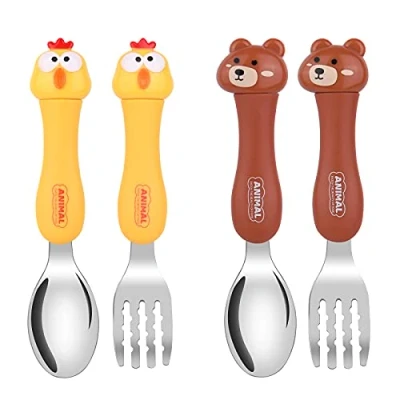 Image of Vicloon Baby Fork and Spoon Set, 4PCS Cutlery Set for Children, Stainless Steel Short Handle Training Tableware Ergonomically Designed to Promote Self Feeding in The Right Way