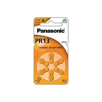 Image of Panasonic PR13 Zinc Air batteries for hearing aids, type 13, 1.4V, aid batteries, 6 in a pack, orange