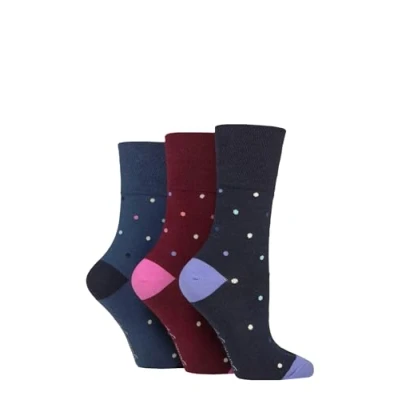 Image of Women&#039;s 3 Pair Gentle Grip Cotton Patterned and Striped Socks Eclipse Polka Dot Claret / Teal 4 8