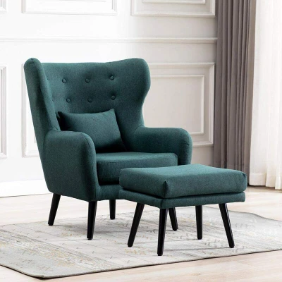Image of Winslow Wing Back Occasional Fabric Lounge Accent Chair Living Room Armchair Green with Footstool