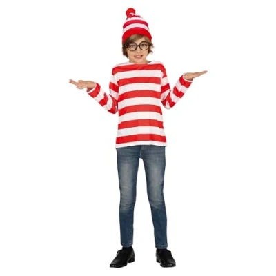Image of FIESTAS GUIRCA Red and White Traveller Girl or Boy Fancy Dress Costume Striped Shirt Bobble Hat for Children 10 12 Years
