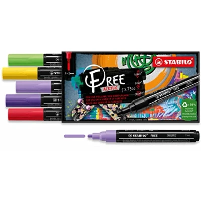 Image of Acrylic Marker STABILO FREE T300 2 3 mm Bullet Tip Vibrant Wallet of 5 Assorted colours