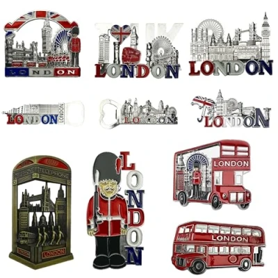 Image of LILAJ Set of 6 London Souvenir Metal Fridge Magnets Iconic Landmarks: Big Ben, Tower Bridge, Eye, Red Phone Box, Bus, Royal Guard Perfect Travel Collectibles &amp; Kitchen Decor, Great Gift Idea