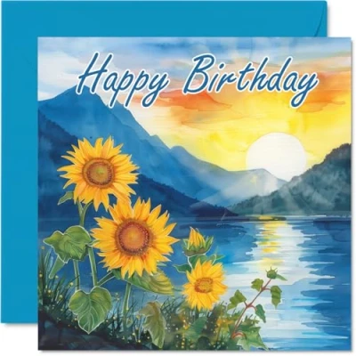 Image of Birthday Cards for Women Men Watercolour Sunflower Mountain Happy Card Mum Dad Brother Sister Uncle Auntie Cousin Grandad Nanny Friend 145mm x Bday Greeting