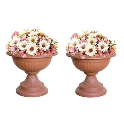 Image of HOMION Round Classic Urn Grecian Plastic Planter Decorative Wedding Flower Pot Home Garden Porch Front Door Indoor &amp; Outdoor 2x (Terracotta)