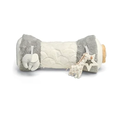 Image of Mamas &amp; Papas Tummy Time Roll, Interactive Soft Baby Pillow with Integrated Rattle, Welcome to The World, Grey