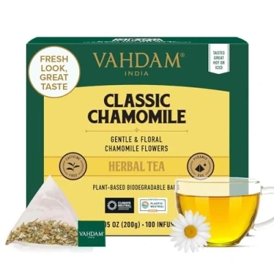 Image of VAHDAM, Chamomile Herbal Tea (100 Pyramid Bags) Resealable Ziplock Pouch Caffeine Free, Non GMO, Gluten Free 100% Pure Tisane Sweet &amp; Floral Made With Natural Flowers
