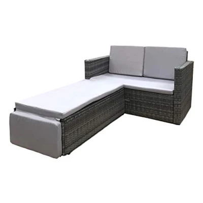 Image of EVRE Love Bed Rattan Garden Furniture Set Patio Conservatory Outdoor Wicker Weave Lounge Sofa with Cushions (Grey)