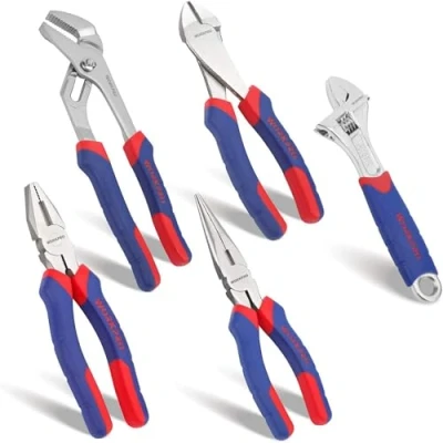 Image of WORKPRO 5 Piece Pliers Set, Includes 250nn Water Pump Plier, 200mm Combination Long Nose 180mm Diagonal Cutter, Adjustable Wrench, with Soft Grip Handles