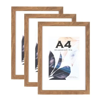 Image of Brown Wooden Picture Frame A4 with Mount,Set of 3,A4 Frame,A4 Poster certificate frame,Freestanding and Wall Mountable…