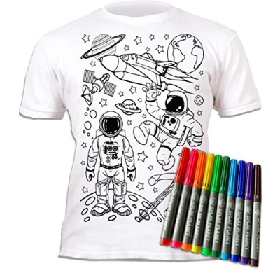 Image of Splat Planet Colour in Space Man and Rocket T Shirt with 10 Non Toxic Washable Magic Pens Your Own, Wash Out (7 8 Years) White