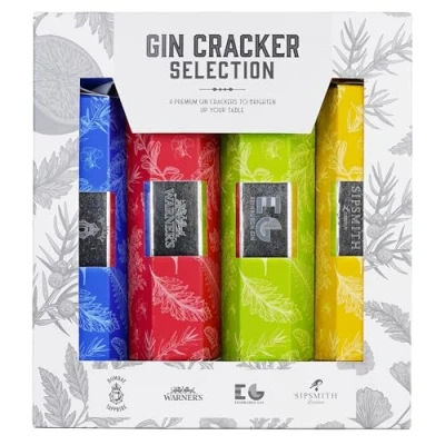 Image of Premium Gin Cracker Selection, including 4x5cl Prizes from Blue Tree Gifts. Perfect for Christmas and Holidays, with Selected Gins Bombay Sapphire, Sipsmith, Edinburgh Warner&#039;s
