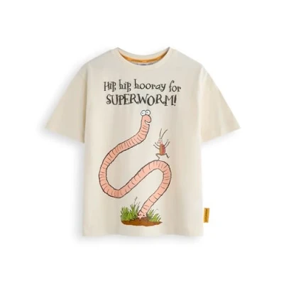 Image of The Gruffalo &amp; Friends Superworm Boys T Shirt Hip Hooray Kids Storybook Graphic Tee in Tan Julia Donaldson Axel Scheffler Superhero Book Apparel Top Childrens Story Merchandise Gift