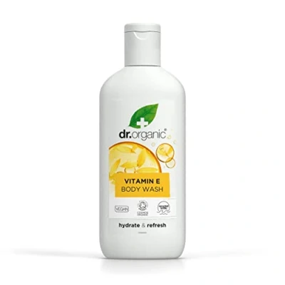 Image of Dr Organic Vitamin E Body Wash, Shower Gel, All Skin Types, Natural, Vegan, Cruelty Free, Paraben &amp; SLS Recyclable Recycled Ocean Bound Plastic, Certified Organic, 250ml, Packaging may vary