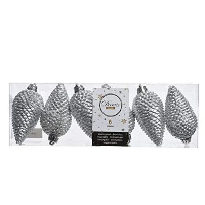 Image of Set of 6 Shatterproof PINE CONE Christmas Tree Bauble Decoration 8cm (SILVER)