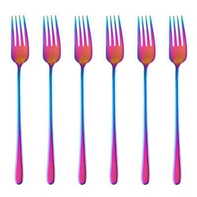 Image of BISDARUN Stainless Steel Dinner Forks Pack of 6 Rainbow Colored Long Handle 21.3 cm(8.4 inches) Korean Cutlery Iridescent Set for Steak Meat