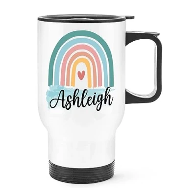 Image of Personalised Colourful Rainbow Name Travel Mug Cup with Handle