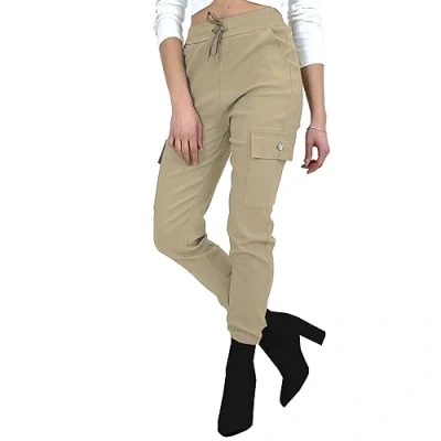 Image of Women&#039;s Button Cargo Pocket Jean Denim Look Stretch Fit Combat Trousers Joggers Pants (S M, Stone)