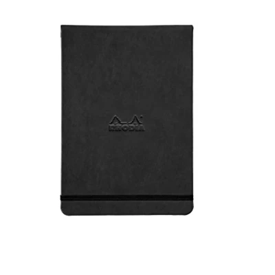 Image of RHODIA 118349C Hard Black Webnotepad Notebook A5 Lined 192 Detachable Pages Ivory Clairefontaine Paper 90 g/m Bookmark, Elastic Closure Faux Leather Cover Rhodiarama