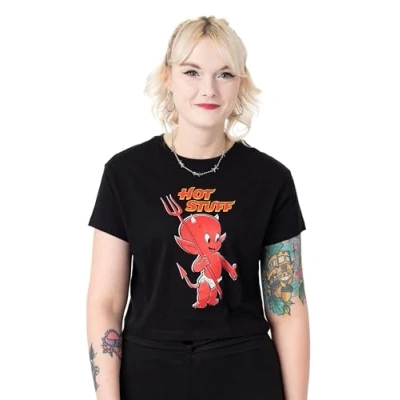 Image of Vanilla Underground Hot Stuff The Little Devil Women&#039;s Black Cropped Short Sleeve T Shirt Crop Top Graphic Tee Gift for Ladies Retro Summer Apparel Her