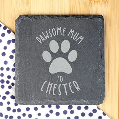 Image of eBuyGB Personalised Slate Coaster, Pawsome Mum, Mummy, Mum Birthday Gift, Present from Dog/Cat, Engraved Drinks Coaster (Square)