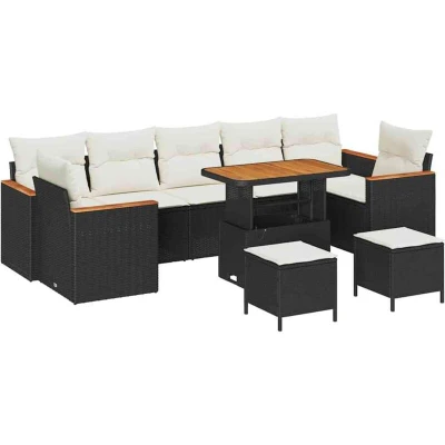 Image of vidaXL 10 Piece Garden Sofa Set with Cushions Black Poly Rattan Acacia