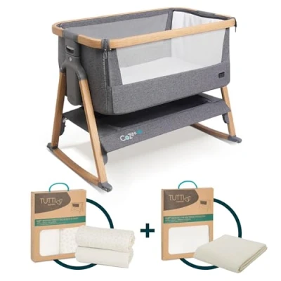 Image of Tutti Bambini CoZee® Air crib Bundle Bedside with 2 sheets, Mattress Protector, and Included Oak &amp; Charcoal crib, Grey/Cloud Waterproof Protector