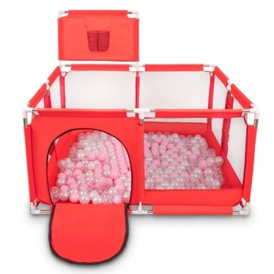 Image of Selonis Square Play Pen Filed with 200 Balls Basketball, Red:Light Pink/Pearl/Transparent