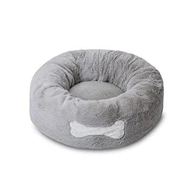 Image of Mikki Dog, Cat, Puppy, Kitten Ultra Soft Grey Faux Fur Calming Donut Bed Round Cushion Cuddler Medium