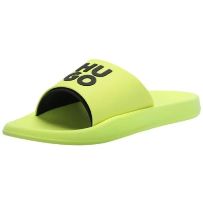 Image of HUGO Men&#039;s Stacked Logo Slide Sandal, Neon Yellow, 6 UK