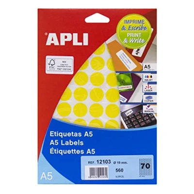 Image of APLI 12103 A5 Yellow Labels Ø 19 mm 8 Sheets