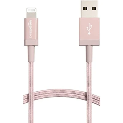 Image of Amazon Basics USB A to Lightning Charger Cable, Nylon Braided Cord, MFi Certified, for Apple iPhone 14 13 12 11 X Xs Pro, Pro Max, Plus, iPad, 0.9 m, Rose Gold
