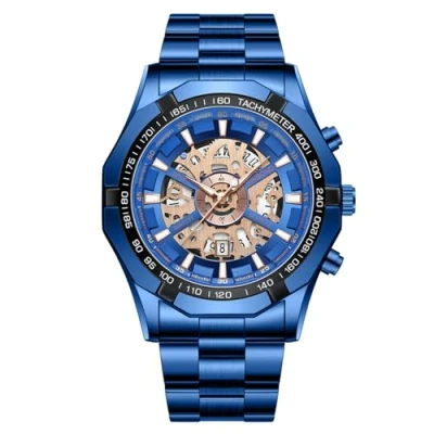 Image of JewelryWe Men&#039;s Skeleton Quartz Watch: Blue Simulated Mechanica Luminous Hands Analog Stainless Steel Waterproof Tachymeter Bezel Date Function Wristwatch