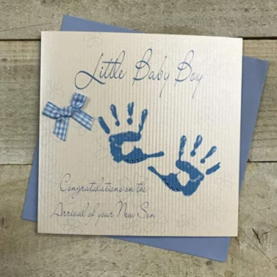 Image of White Cotton Cards Blue Handprints Little Boy Congratulations On The Arrival of Your Son Handmade New Baby Card, BD229
